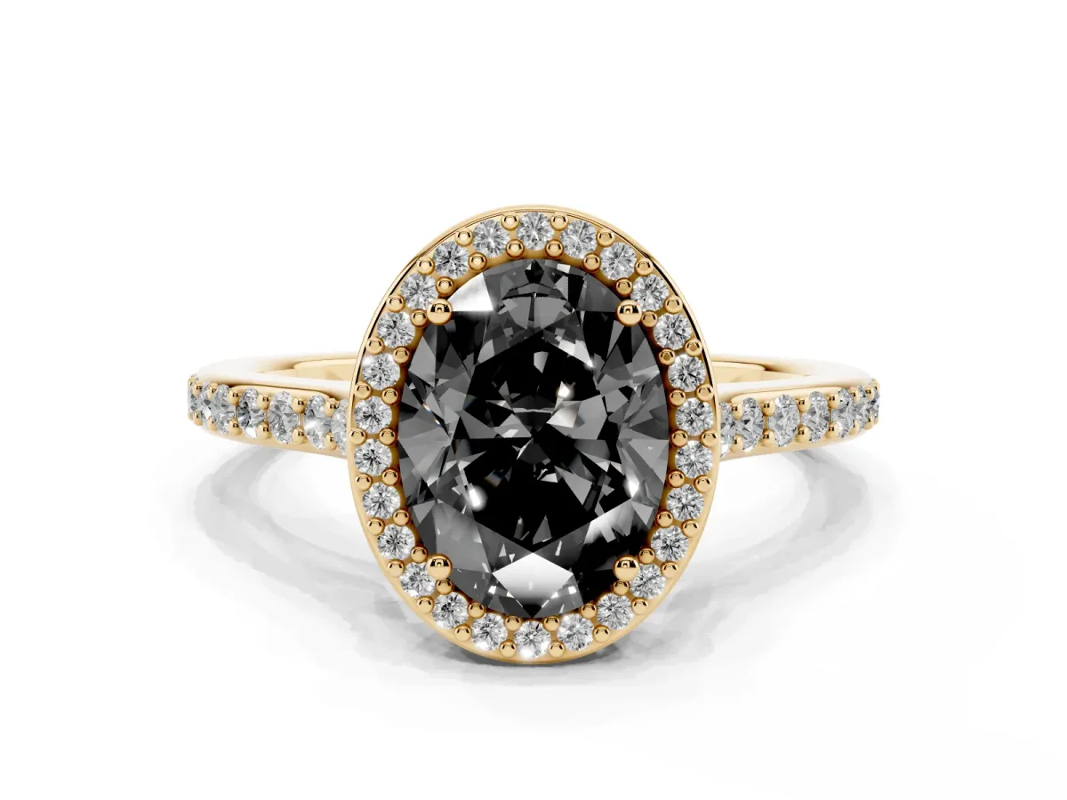 Fancy Black Oval Cut Diamond Halo Engagement Ring with Round Pavé Shoulders and Prong Setting Yellow gold