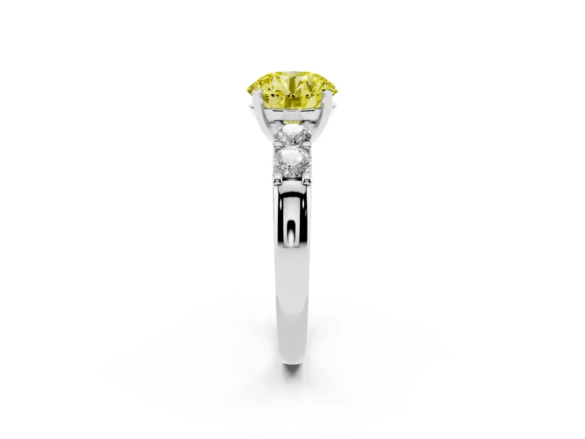 Fancy Yellow Round Cut Brilliant Cut Diamond Five-Stone Prong Set Engagement Ring with Channel Band Silver
