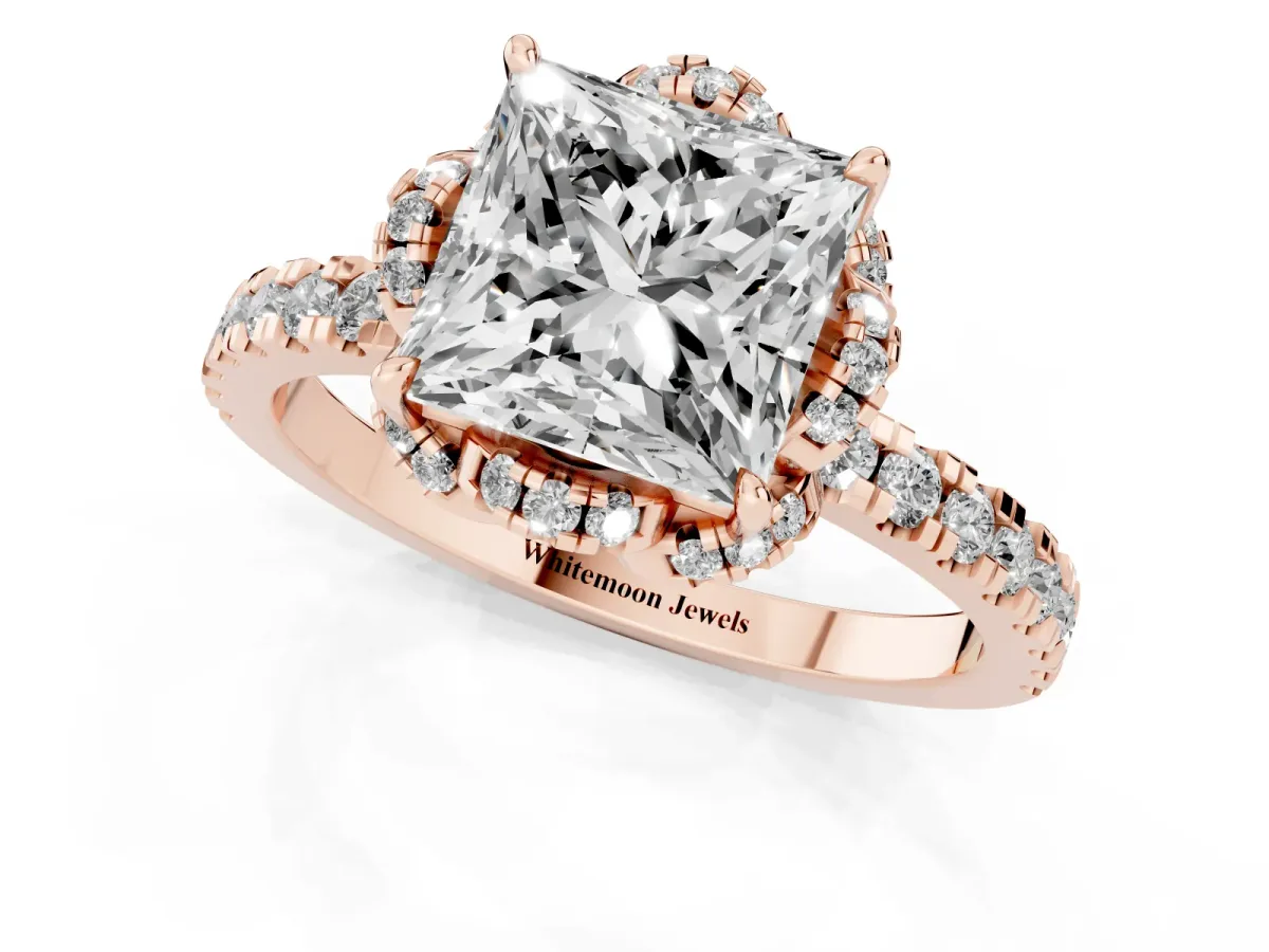 Princess Cut Diamond Halo Pave Band with Four-Prong Setting Rose gold