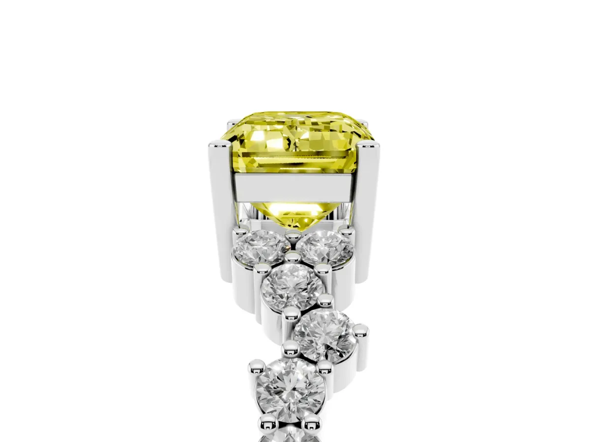 Fancy Yellow Emerald Cut Diamond Scattered Round Accent Ring with Prong Setting Silver