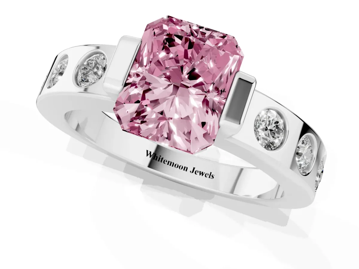 Fancy Pink Radiant Cut Brilliant Channel-Set Diamond Ring with Bezel Prong Setting Silver