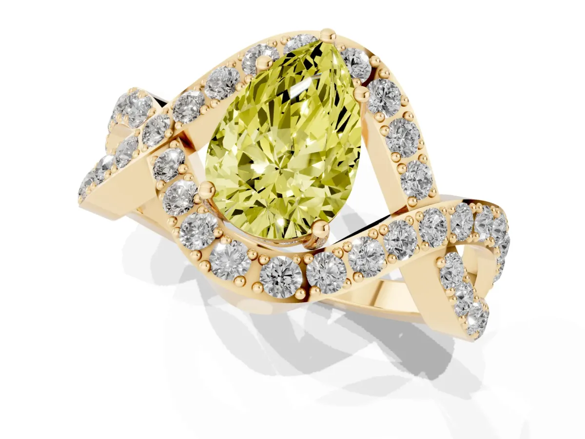 Fancy Yellow Pear Cut Solitaire Twist Band Pavé Diamond Engagement Ring Yellow gold