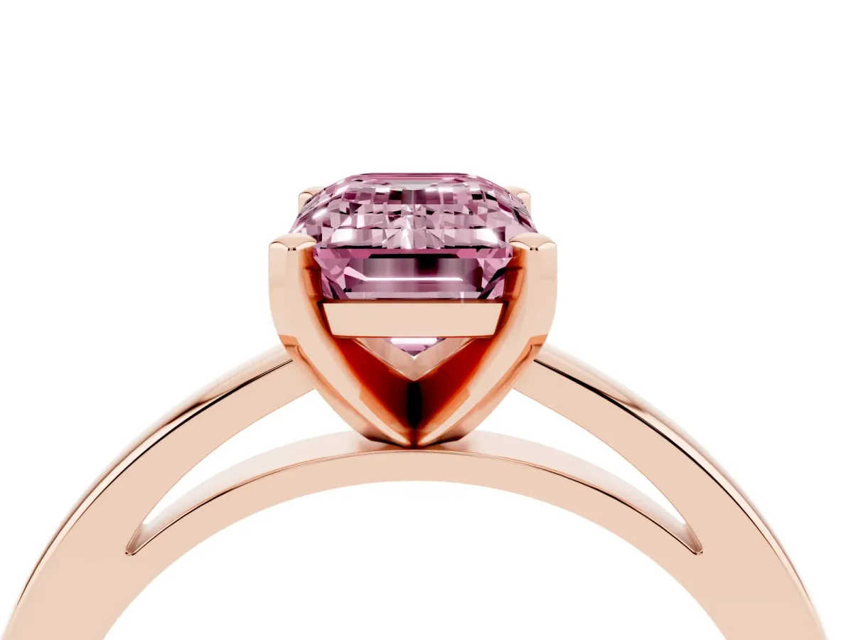 Fancy Pink Emerald Cut Solitaire Diamond Engagement Ring with Four-Prong Setting on a Classic Band Rose gold