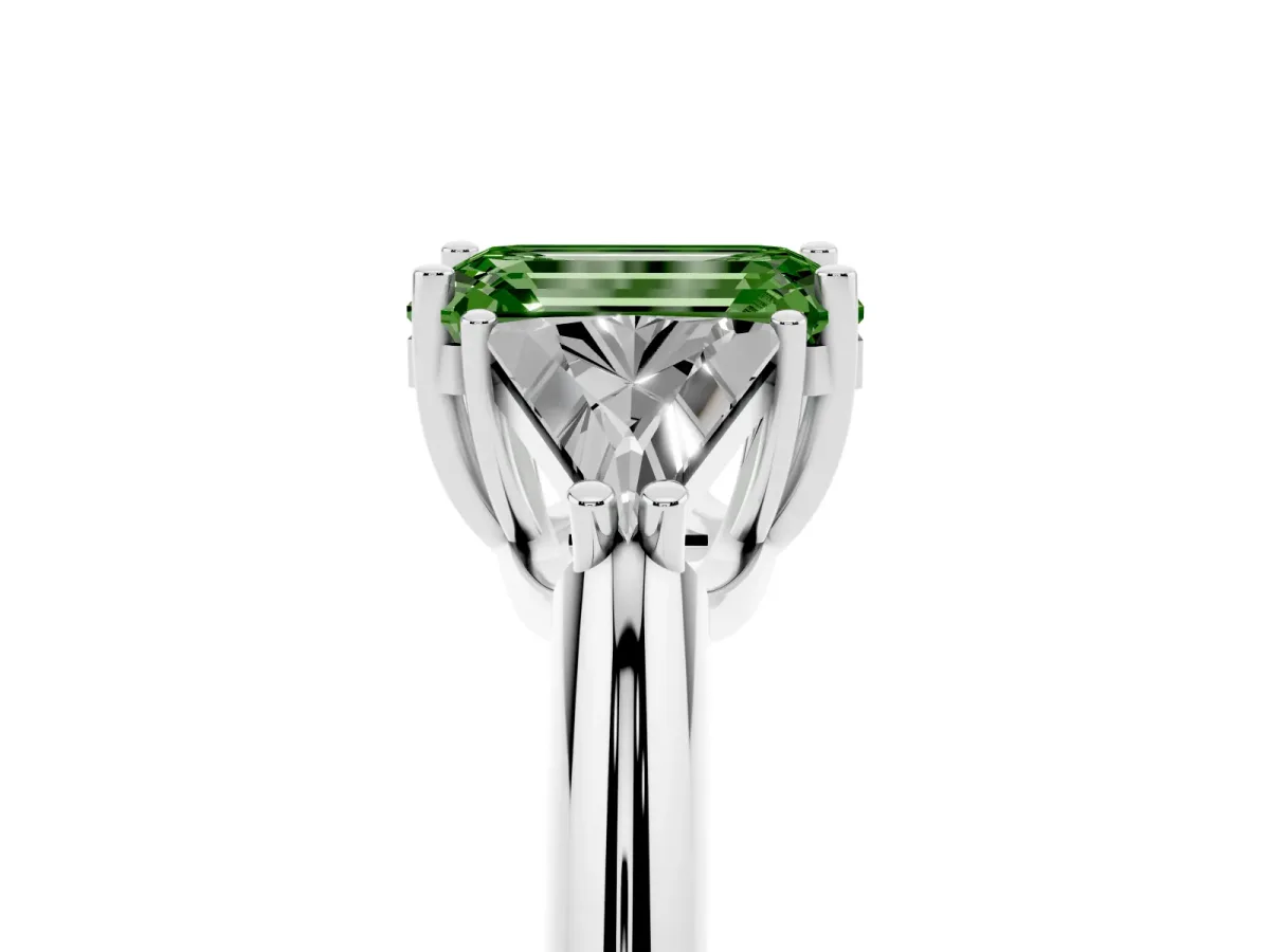 Fancy Green Three-Stone Emerald Cut Diamond Engagement Ring with Trillion Side Stones and Prong Setting Silver