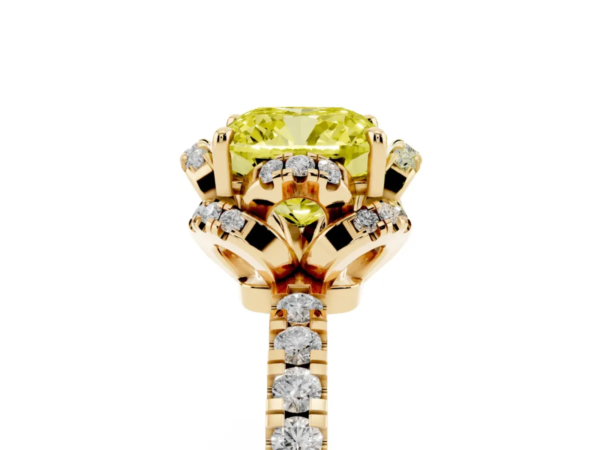 Fancy Yellow Cushion Cut Diamond Halo Pave Band with Four-Prong Setting Yellow gold