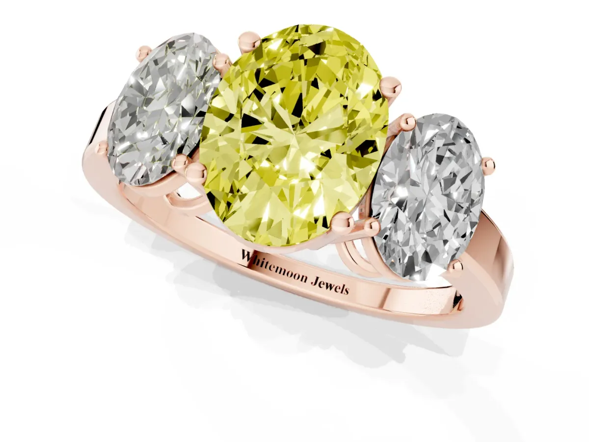 Fancy Yellow Three-Stone Oval Cut Cut Diamond Engagement Ring with Flat Band and Four-Prong Setting Rose gold