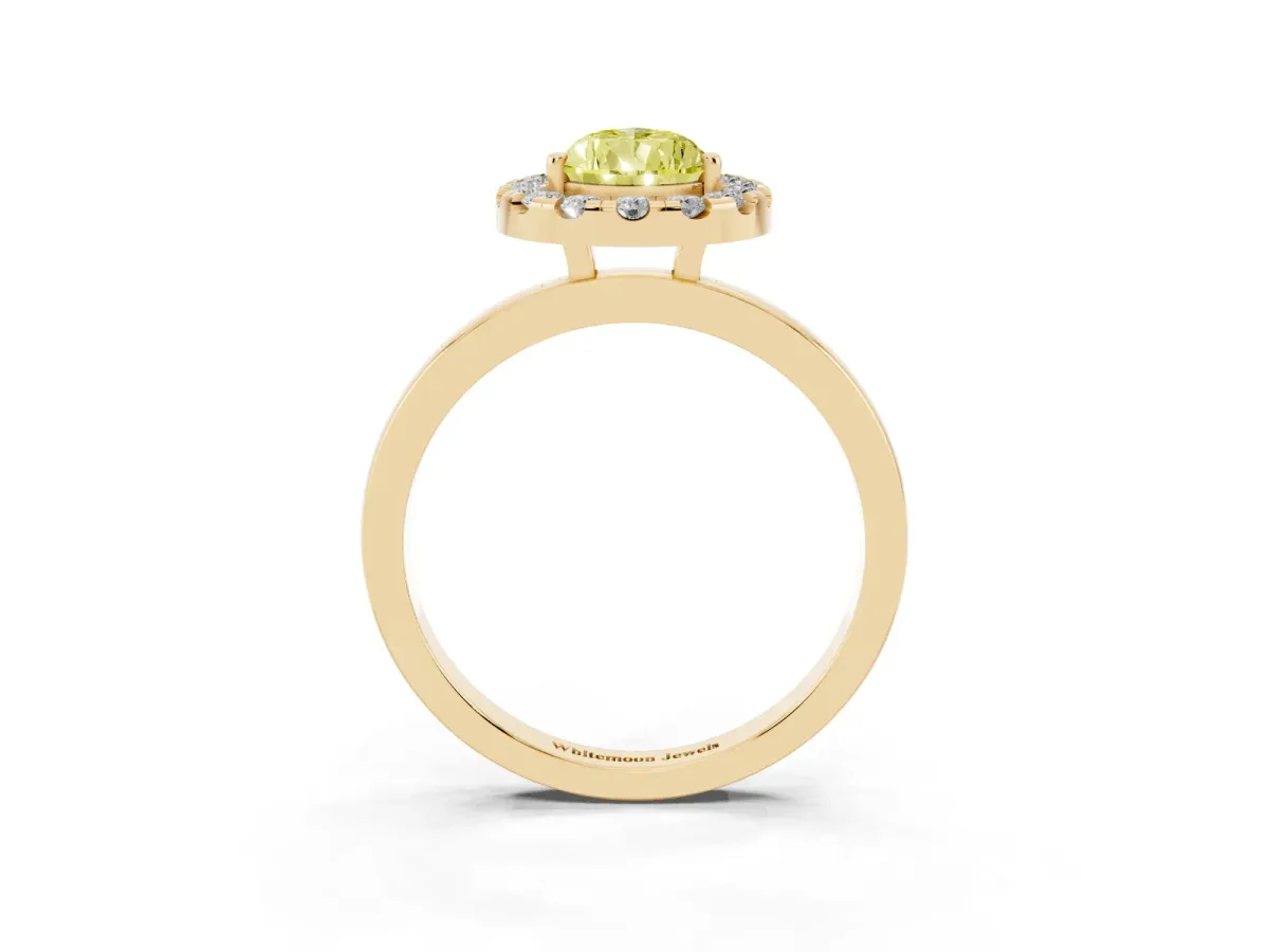 Fancy Yellow Pear Cut Halo Diamond Solitaire with Pavé Band and Four-Prong Setting Yellow gold