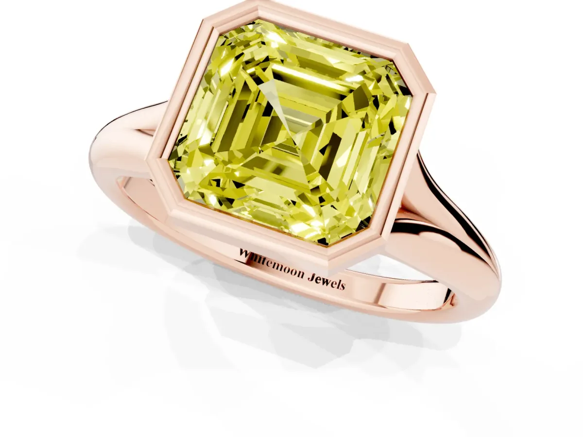 Fancy Yellow Bezel Set Asscher Cut Solitaire Diamond Ring with Smooth Band Rose gold