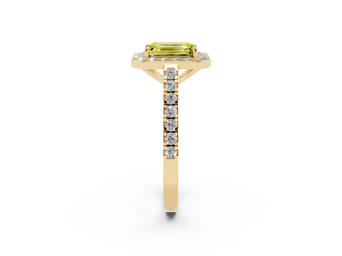 Fancy Yellow Emerald Cut Diamond Halo Ring with Round Pavé Split Shank and Prong Setting Yellow gold