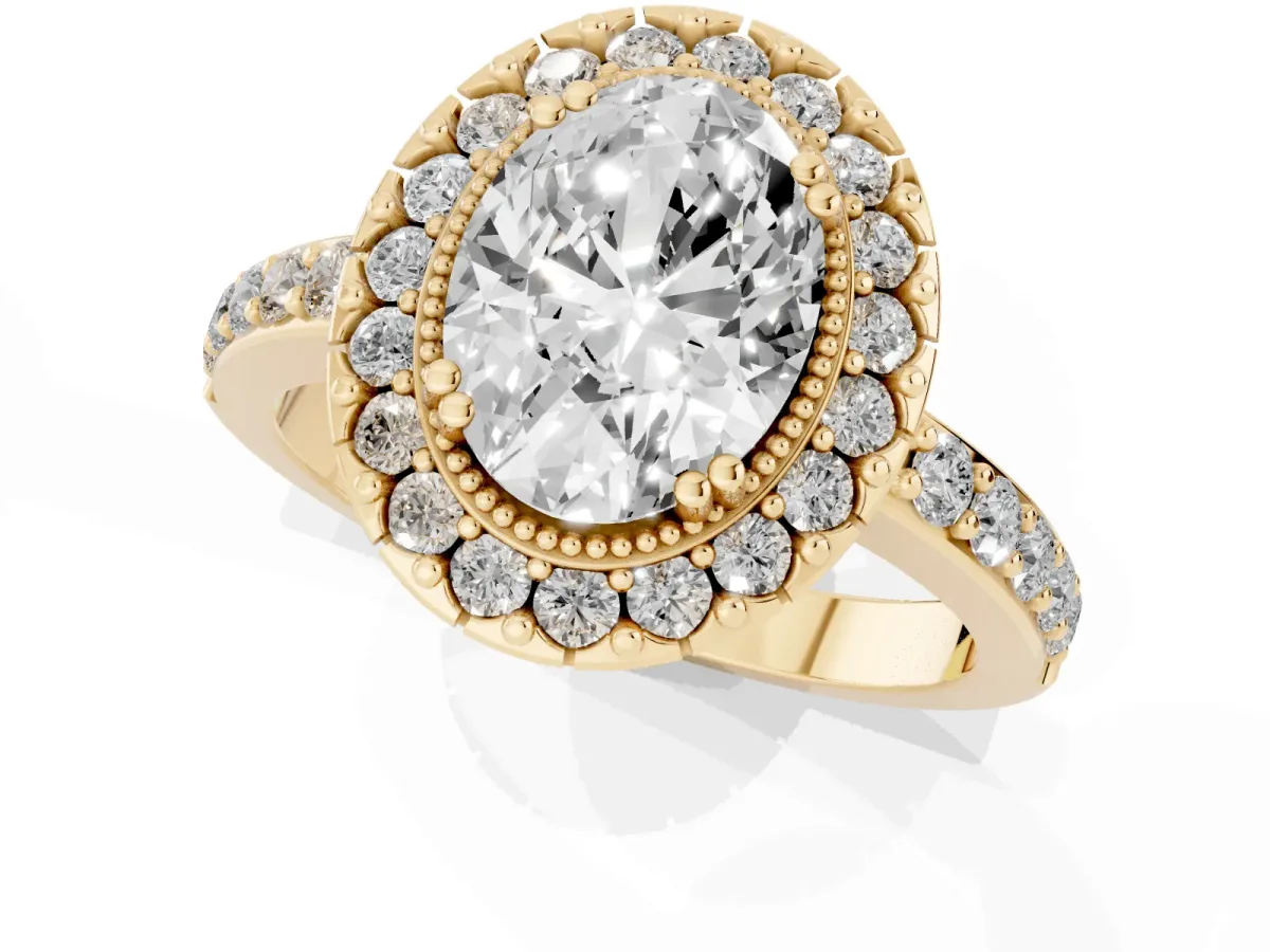 Oval Cut Diamond Halo Ring with Pavé Band and Prong Setting Yellow gold