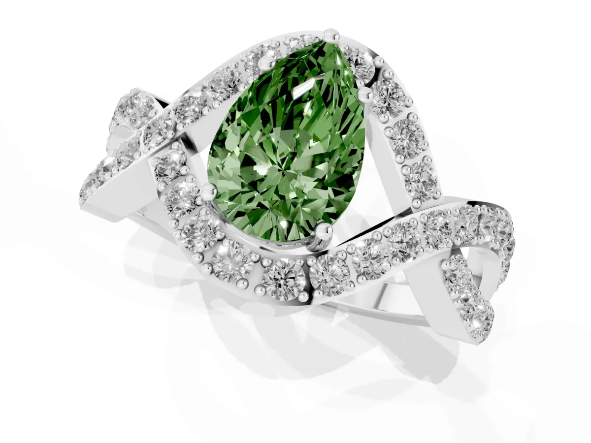 Fancy Green Pear Cut Solitaire Twist Band Pavé Diamond Engagement Ring Silver