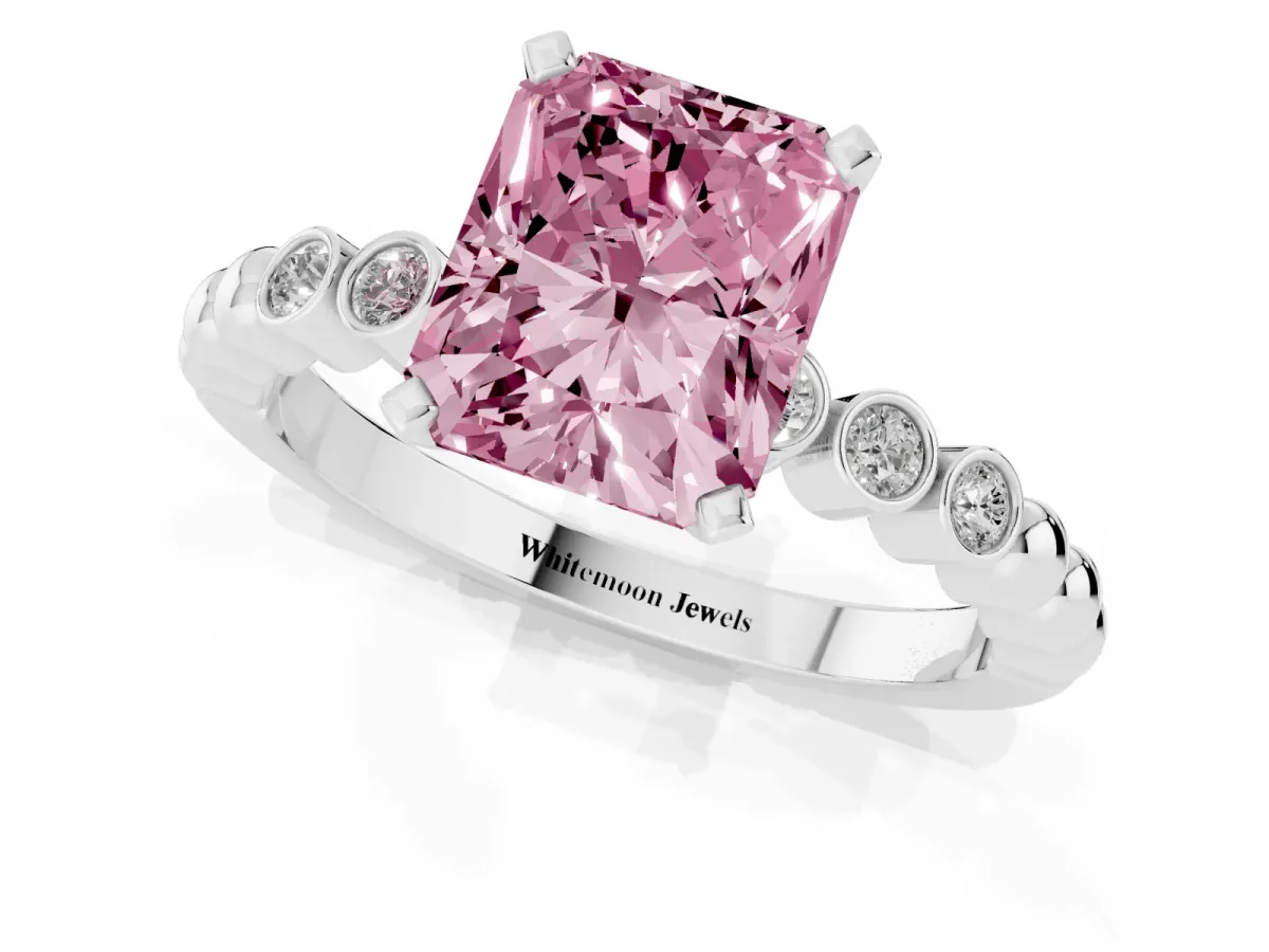 Fancy Pink Radiant Cut Solitaire Bezel Accent Diamond Engagement Ring with Beaded Band and Four-Prong Setting Silver