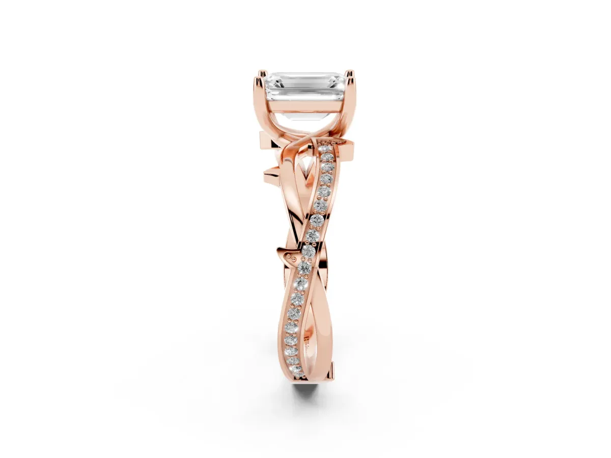 Emerald Cut Solitaire Twist Band with Pavé Accents and Four-Prong Setting Rose gold