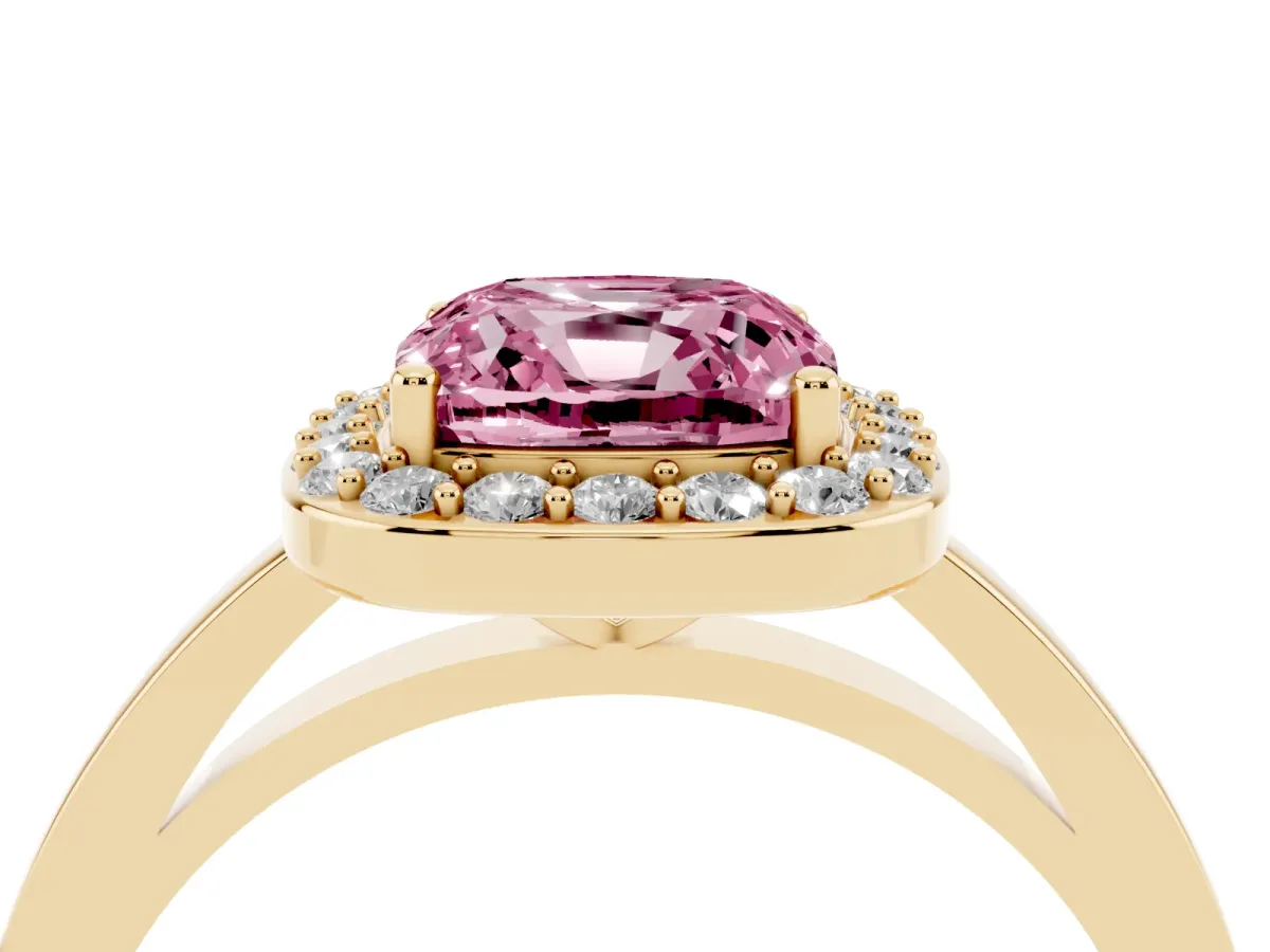 Fancy Pink Cushion Cut Halo Diamond Ring with Solitaire Band and Prong Setting Yellow gold