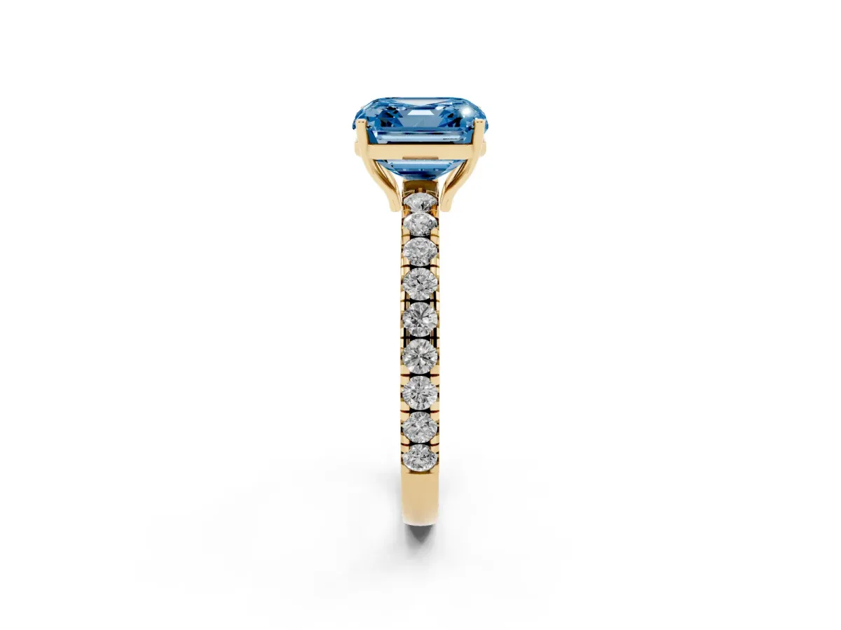 Fancy Blue Asscher Cut Diamond Pavé Solitaire Engagement Ring with Four-Prong Setting Yellow gold