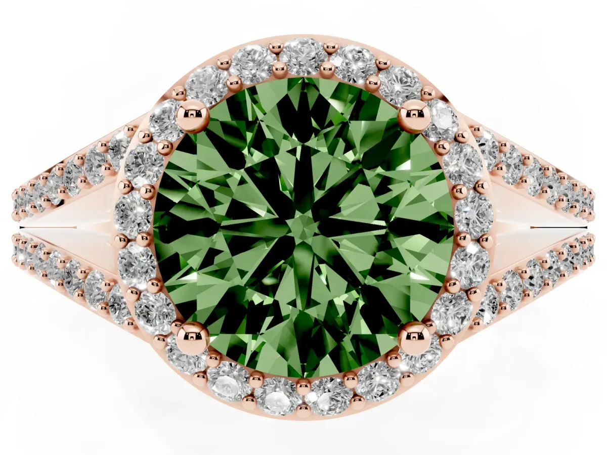 Fancy Green Round Cut Halo Split Shank Diamond Ring with Prong Setting Rose gold