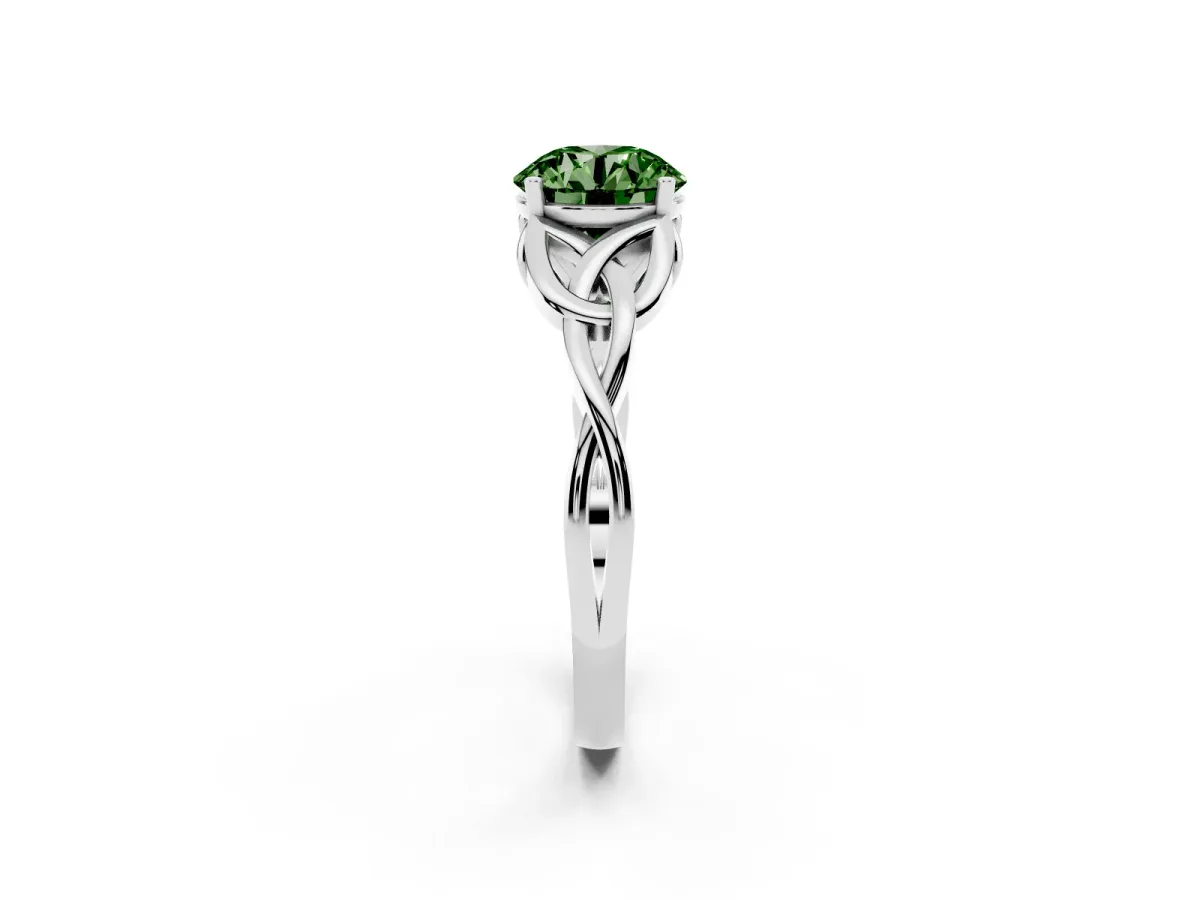 Fancy Green Round Cut Diamond Solitaire Engagement Ring with Celtic Knot Band and Four-Prong Setting Silver