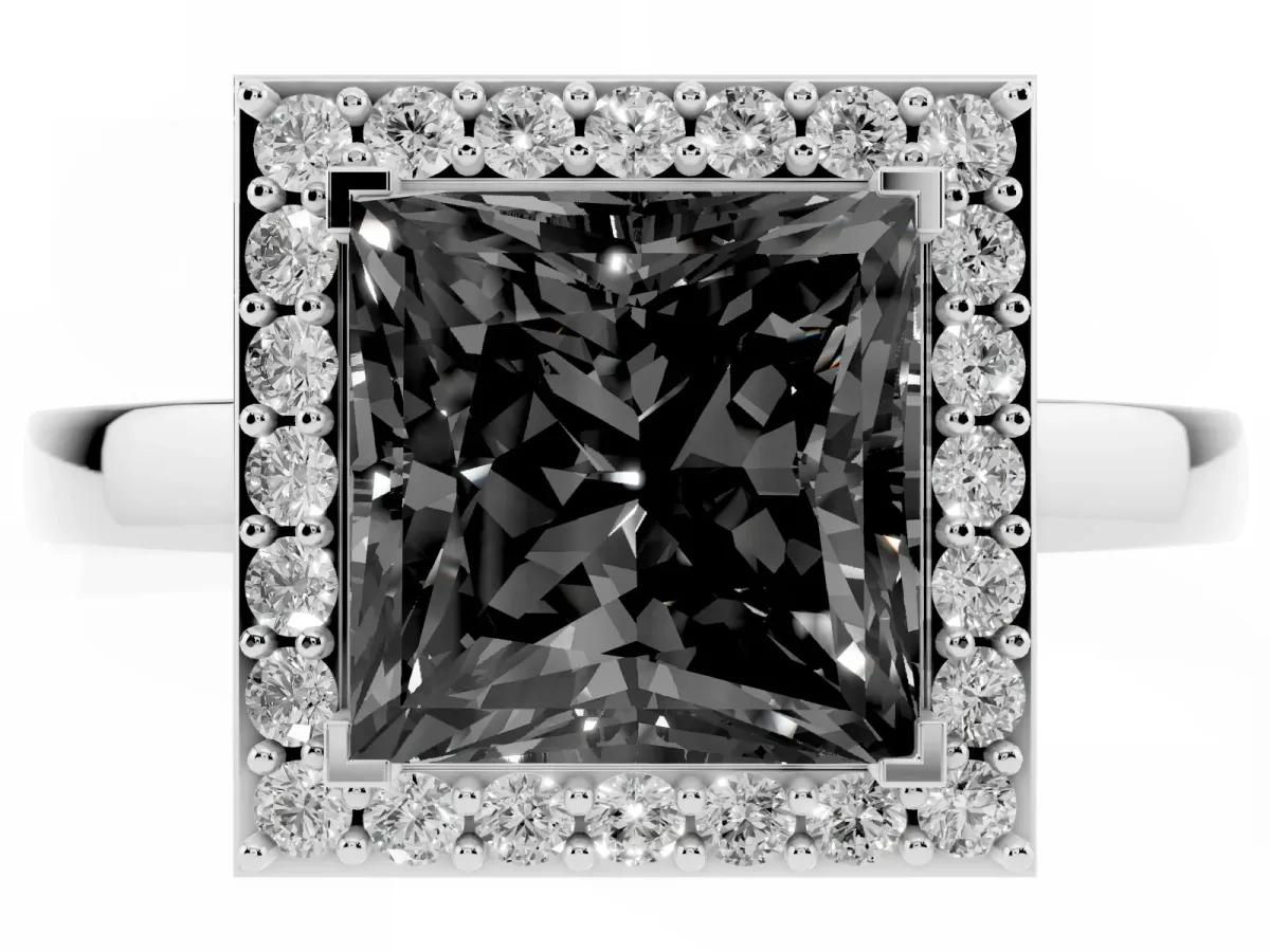 Fancy Black Princess Cut Halo Diamond Ring with Solitaire Band and Prong Setting Silver