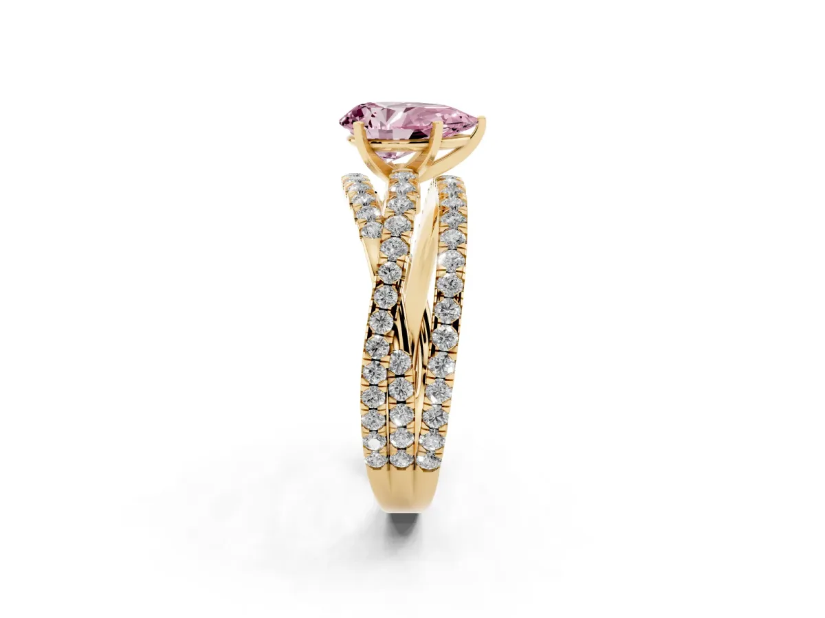 Fancy Pink Pear Cut Solitaire Twist Band with Pavé Setting and Four-Prong Setting Yellow gold