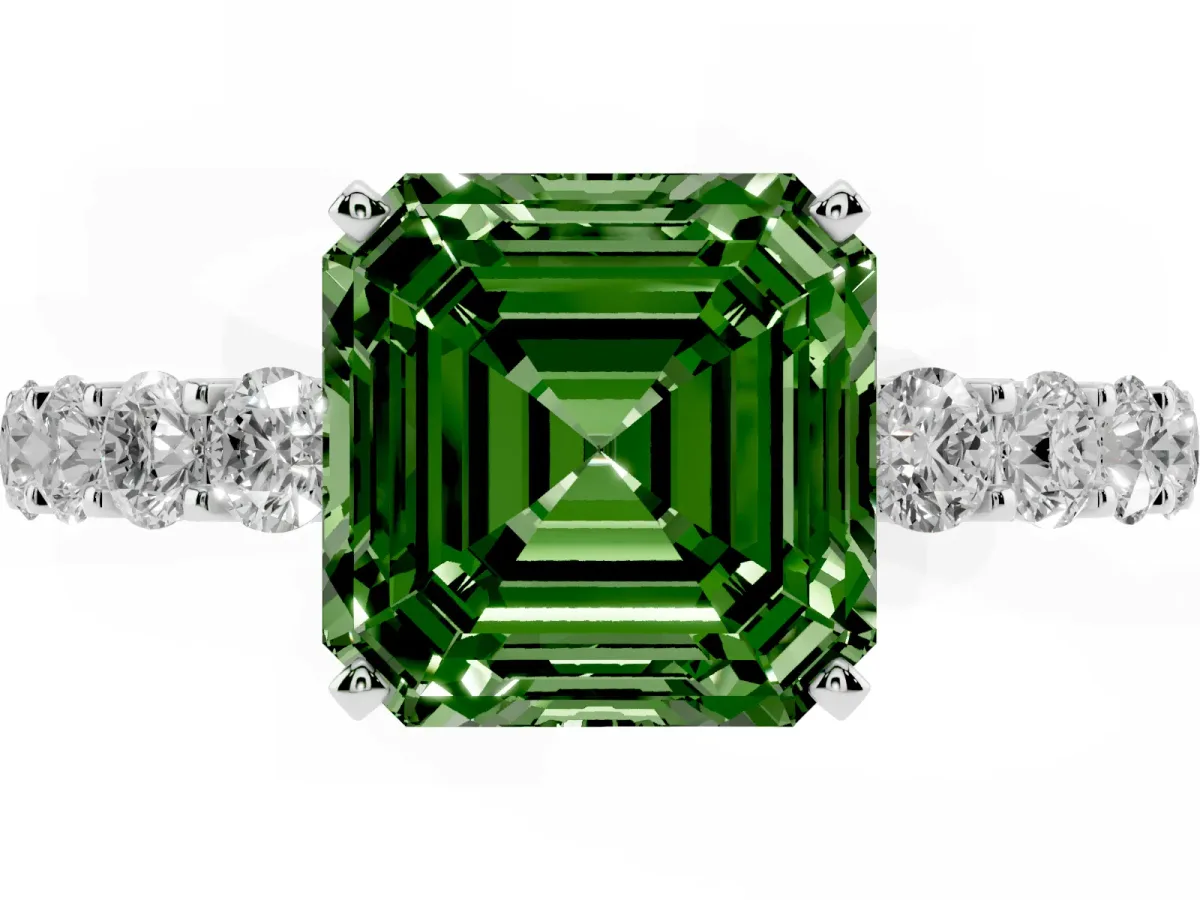 Fancy Green Asscher Cut Diamond Solitaire Ring with Shared Prong Pavé Band and Four-Prong Setting Silver