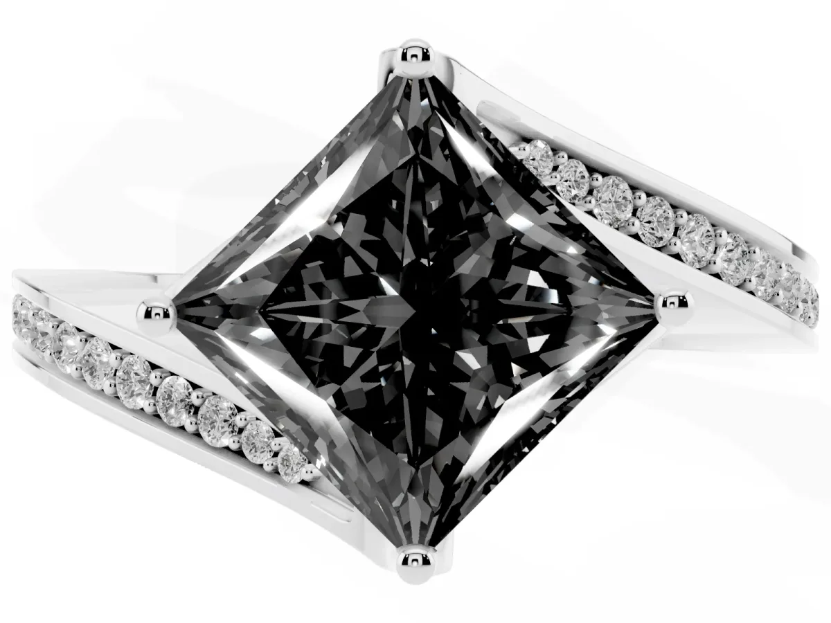 Fancy Black Princess Cut Solitaire Diamond Twist Band with Pavé Setting and Four-Prong Setting Platinum