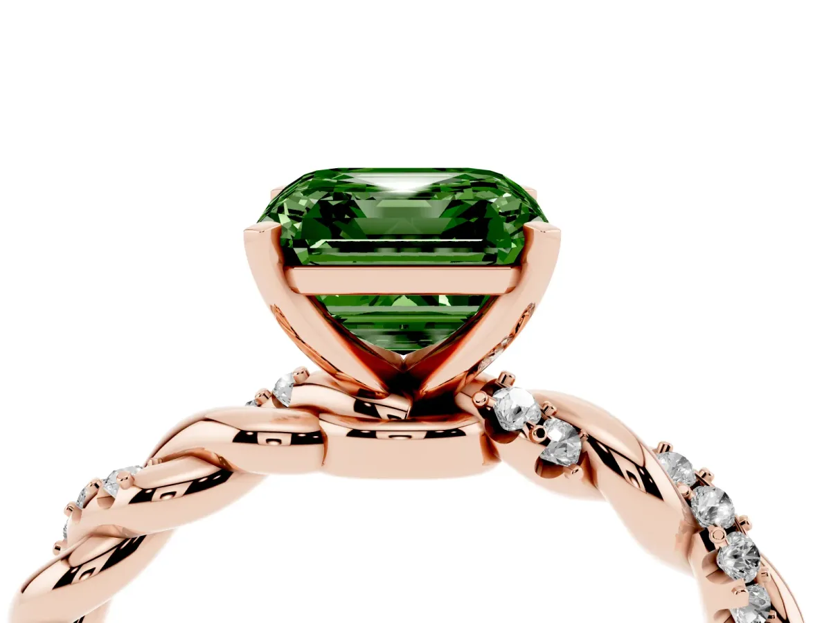 Fancy Green Asscher Cut Diamond Solitaire Ring with Twisted Band and Pavé Accents Rose gold