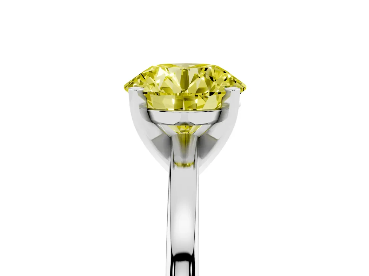 Fancy Yellow Round Cut Solitaire Diamond Engagement Ring with Four-Prong Setting on a Classic Band Platinum