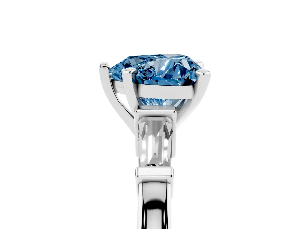 Fancy Blue Heart Cut Cut Diamond Solitaire Ring with Tapered Baguette Accents and Four-Prong Setting Silver