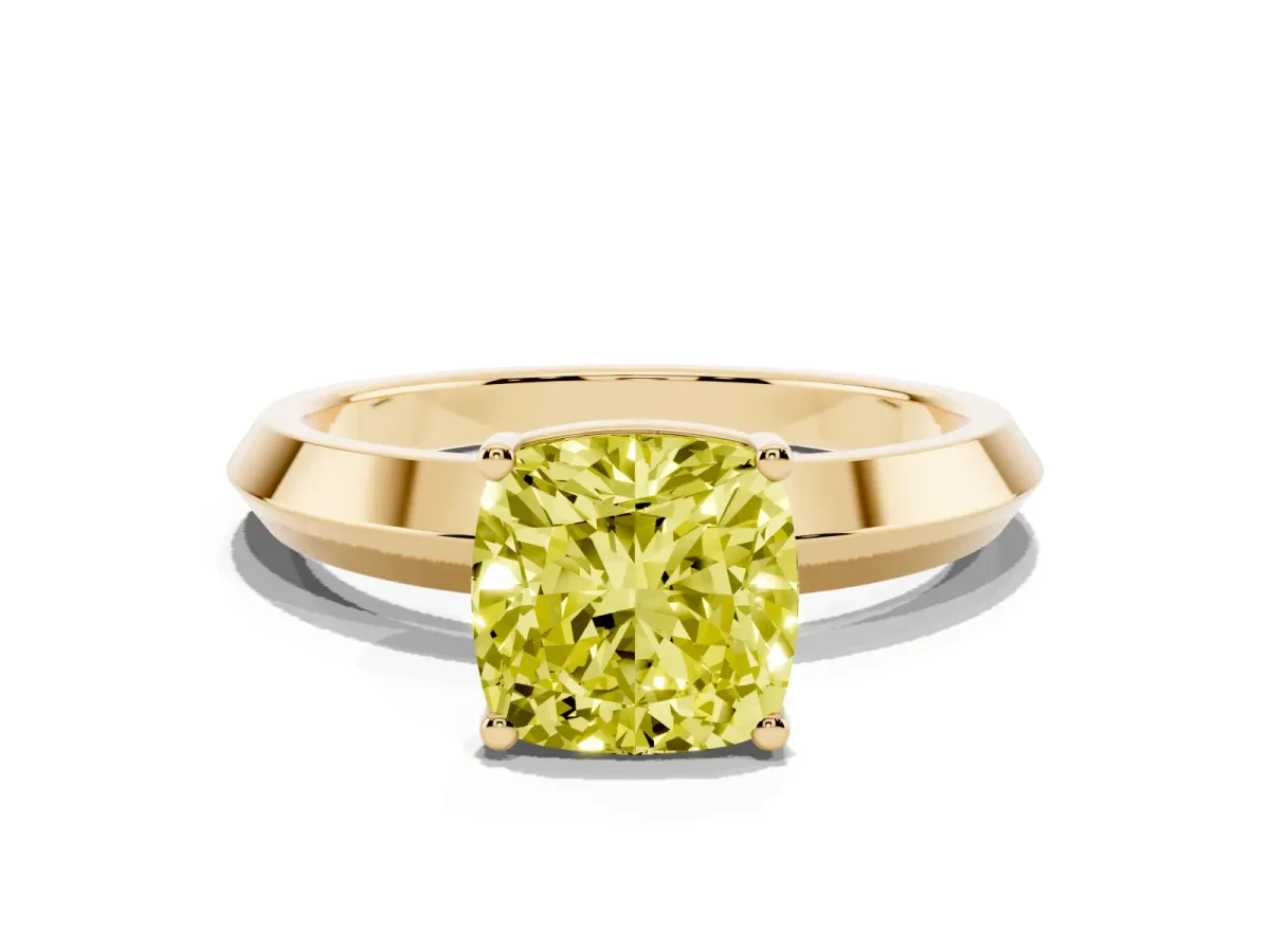 Fancy Yellow Cushion Cut Cut Solitaire Engagement Ring with Flat Band and Four-Prong Setting Yellow gold