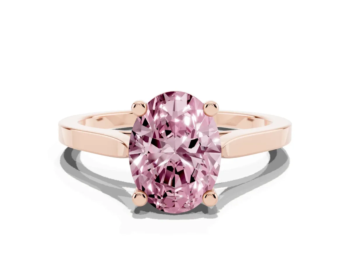 Fancy Pink Oval Cut Solitaire Diamond Ring with Four-Prong Setting and Tapered Band Rose gold
