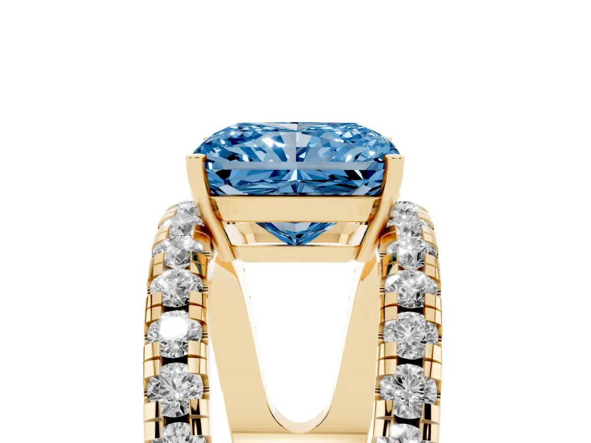 Fancy Blue Radiant Cut Solitaire Split Shank Pave Diamond Ring Yellow gold