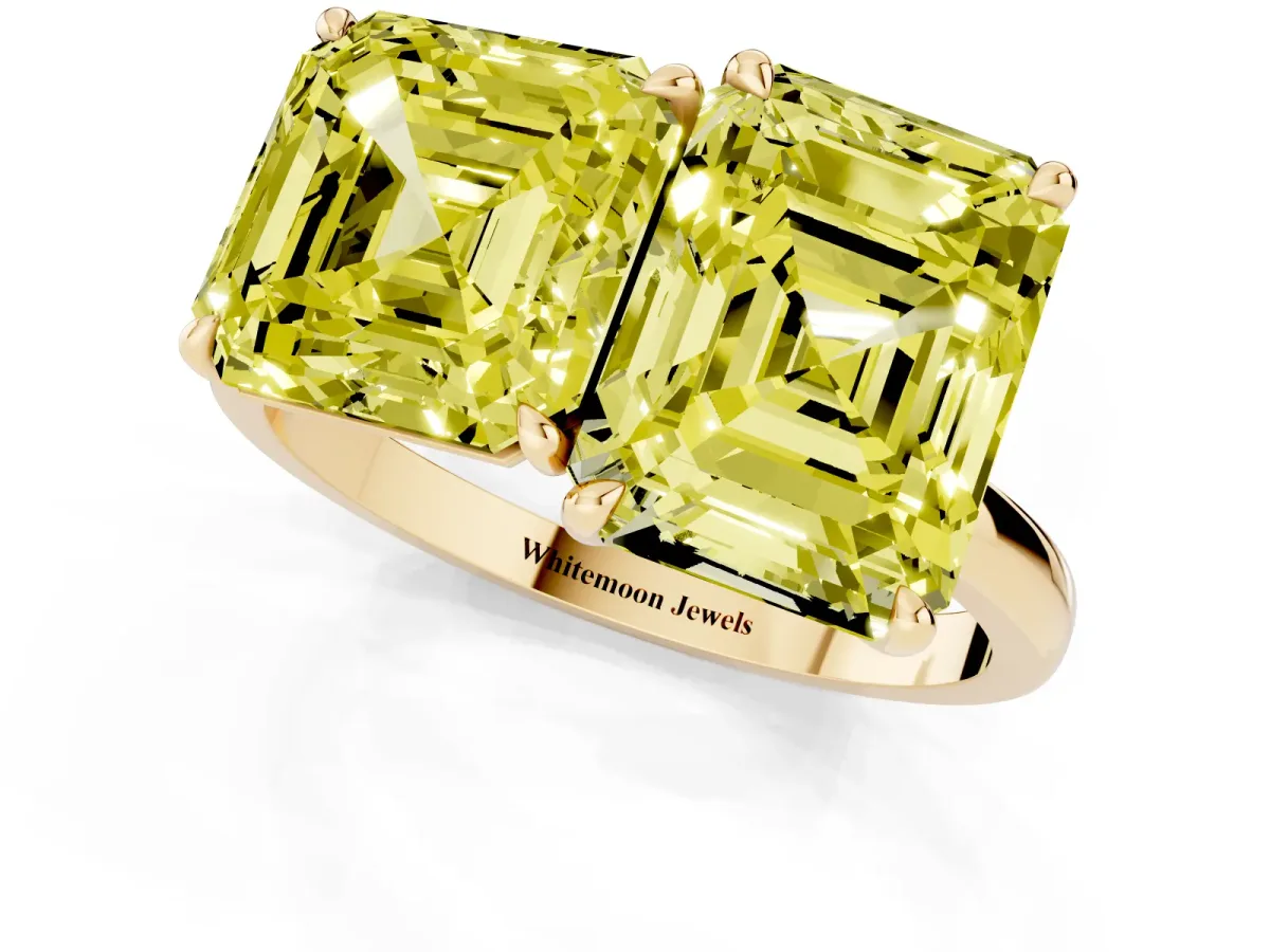 Fancy Yellow Asscher Cut and Emerald Cut Toi Moi Ring with Prong Setting Yellow gold