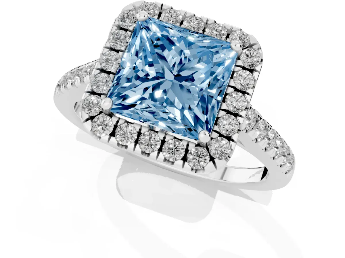 Fancy Blue Princess Cut Halo Pavé Diamond Engagement Ring with Four-Prong Setting Silver