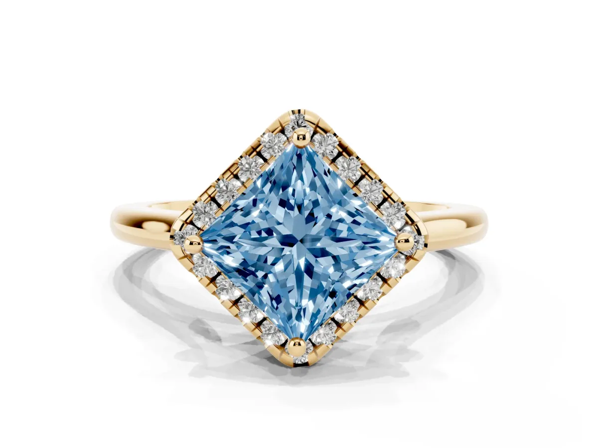 Fancy Blue Princess Cut Halo Round Diamond Solitaire Engagement Ring with Pave Band and Four-Prong Setting Yellow gold