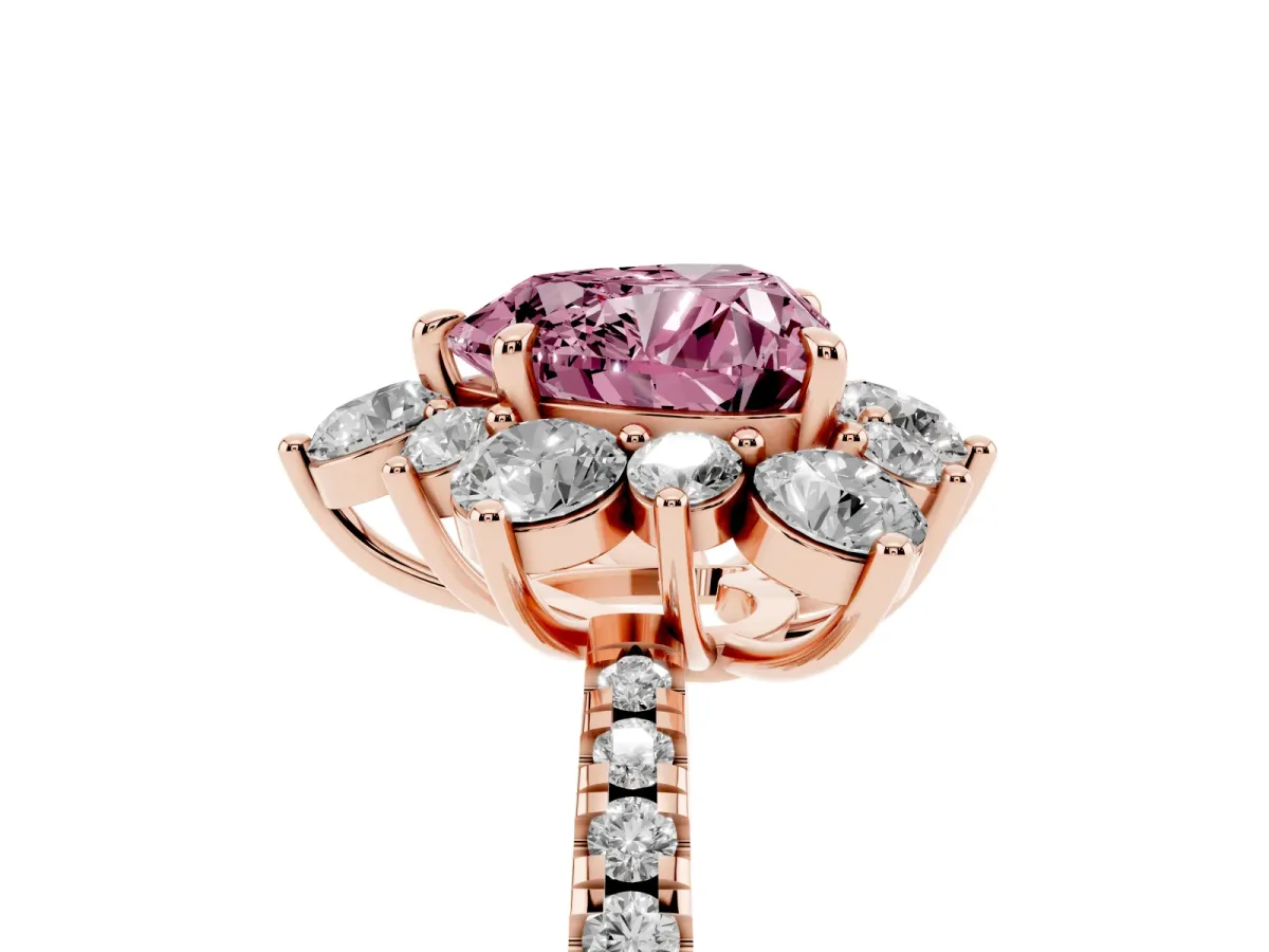 Fancy Pink Heart Cut Diamond Floral Halo Ring with Round Pavé Band and Prong Setting Rose gold