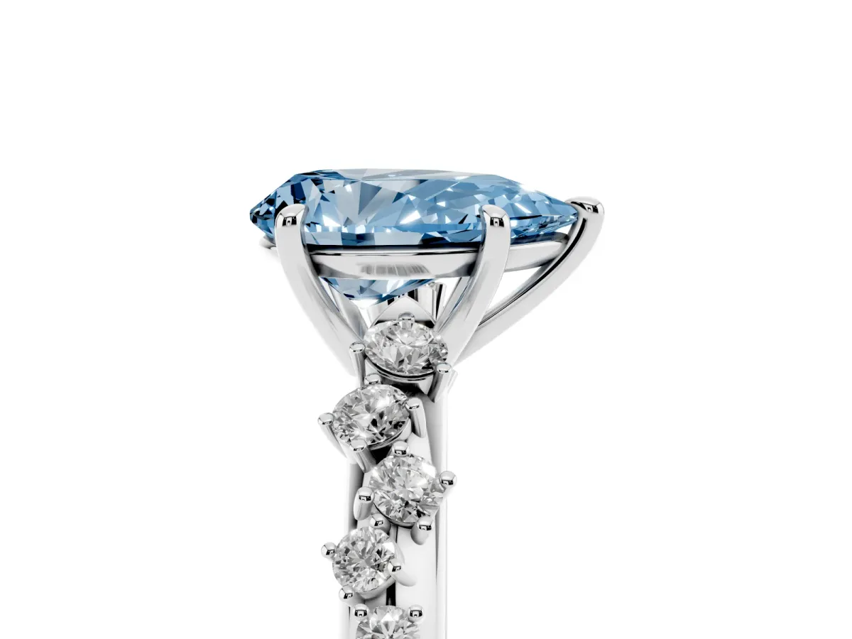 Fancy Blue Pear Cut Diamond Cluster Side Stone Solitaire Ring with Prong Setting Silver