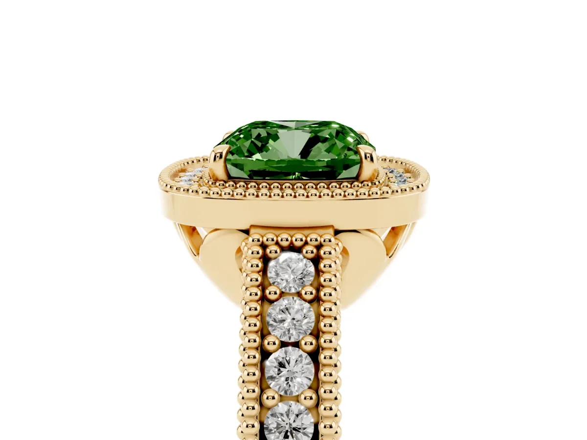 Fancy Green Cushion Cut Cut Halo Diamond Ring with Pavé Band and Four-Prong Setting Yellow gold