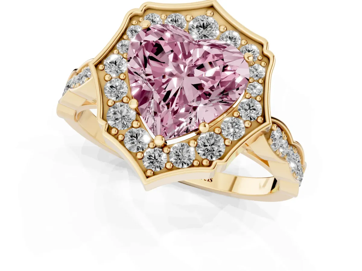 Fancy Pink Heart Cut Halo Diamond Engagement Ring with Milgrain Band and Four-Prong Setting Yellow gold