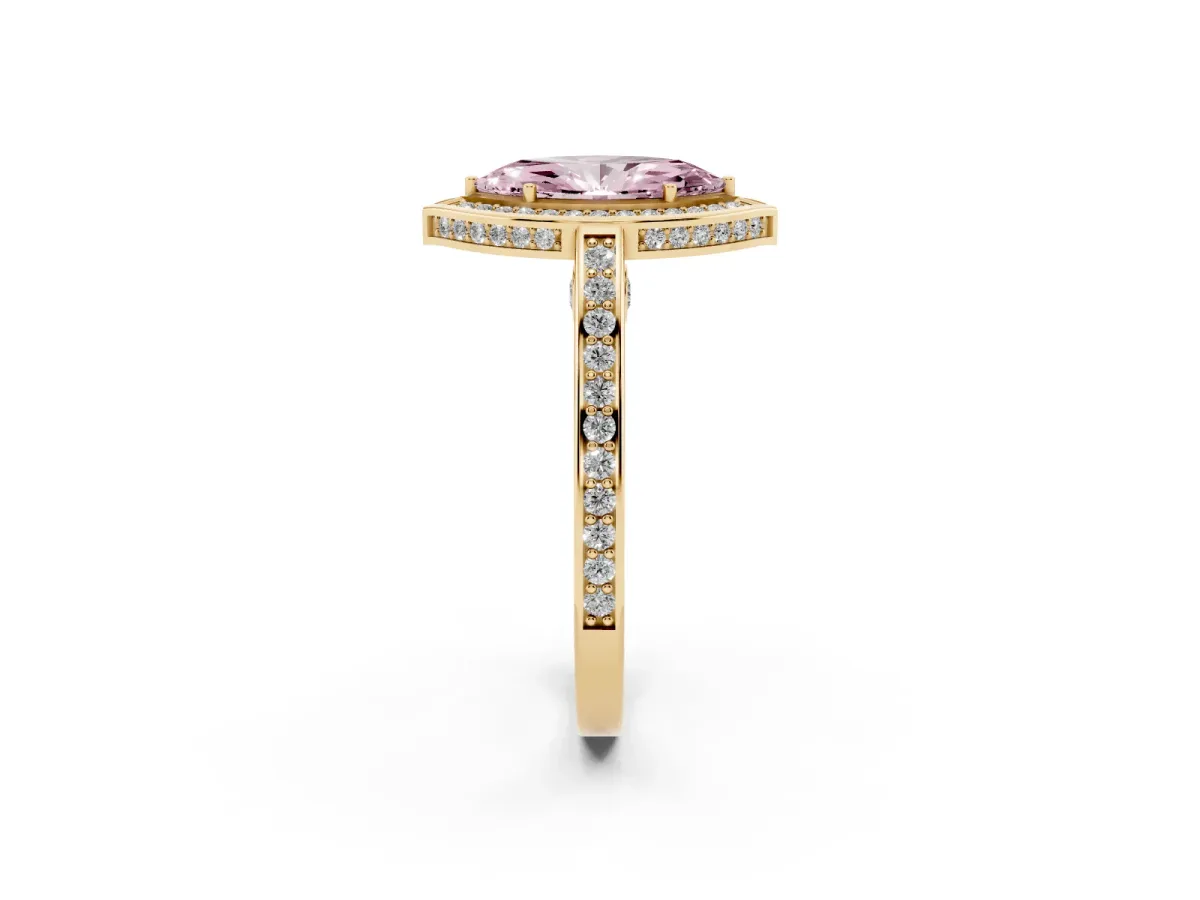 Fancy Pink Marquise Cut Cut Halo Pave Split Shank Prong Setting Ring Yellow gold
