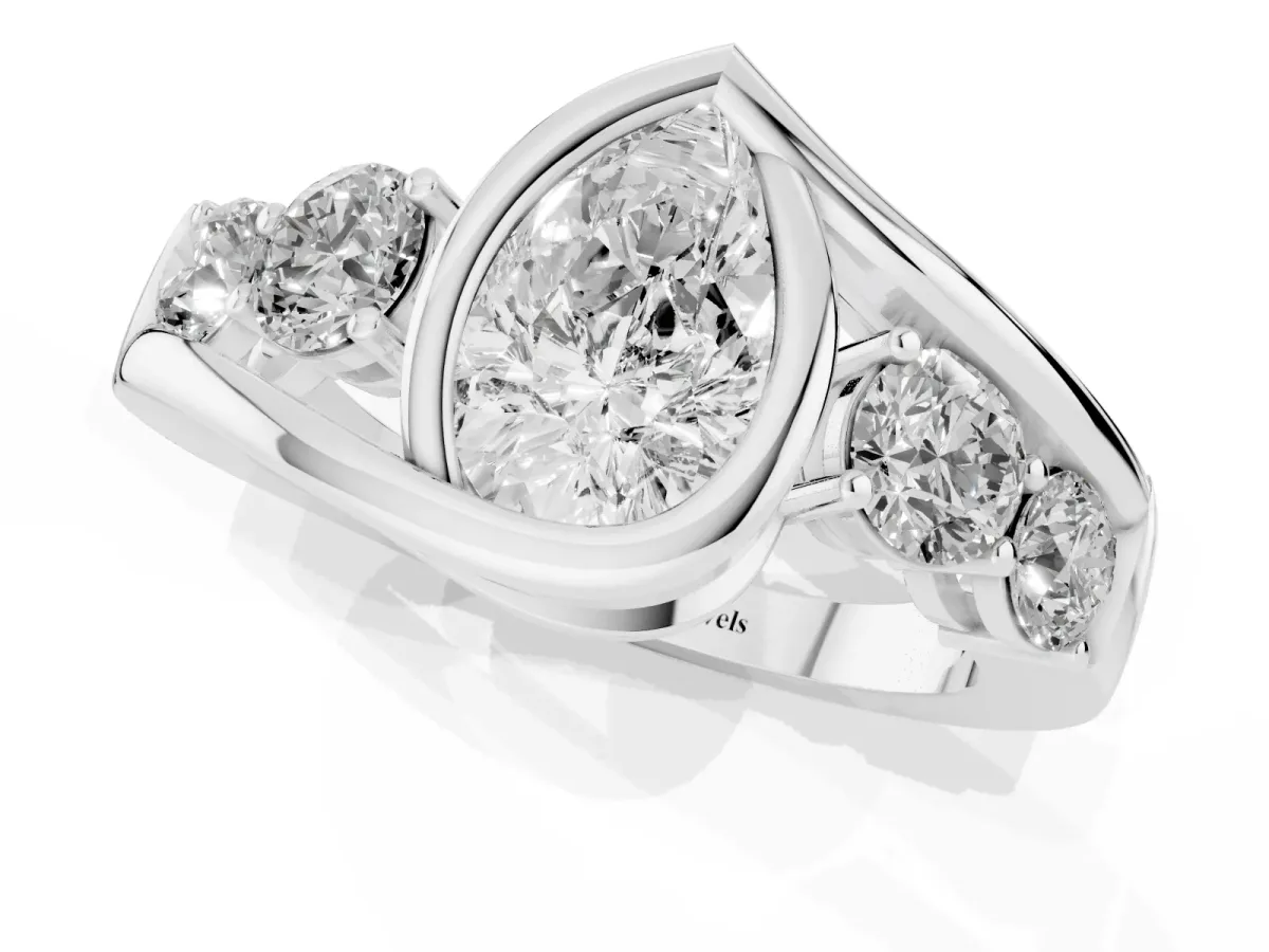 Bezel Set Pear Cut Diamond Bypass Ring with Round Accents Silver