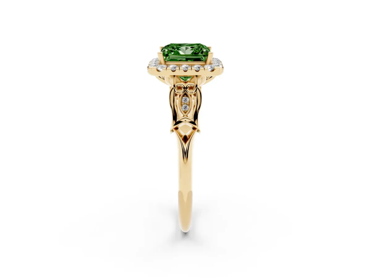 Fancy Green Princess Cut Halo Diamond Engagement Ring with Filigree Band and Four-Prong Setting Yellow gold
