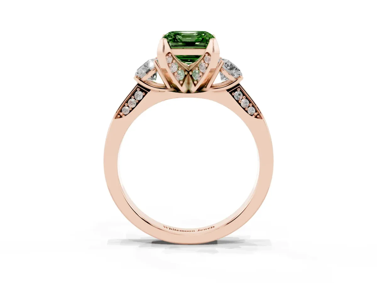 Fancy Green Asscher Cut Brilliant Three-Stone Diamond Ring with Pavé Band and Four-Prong Setting Rose gold
