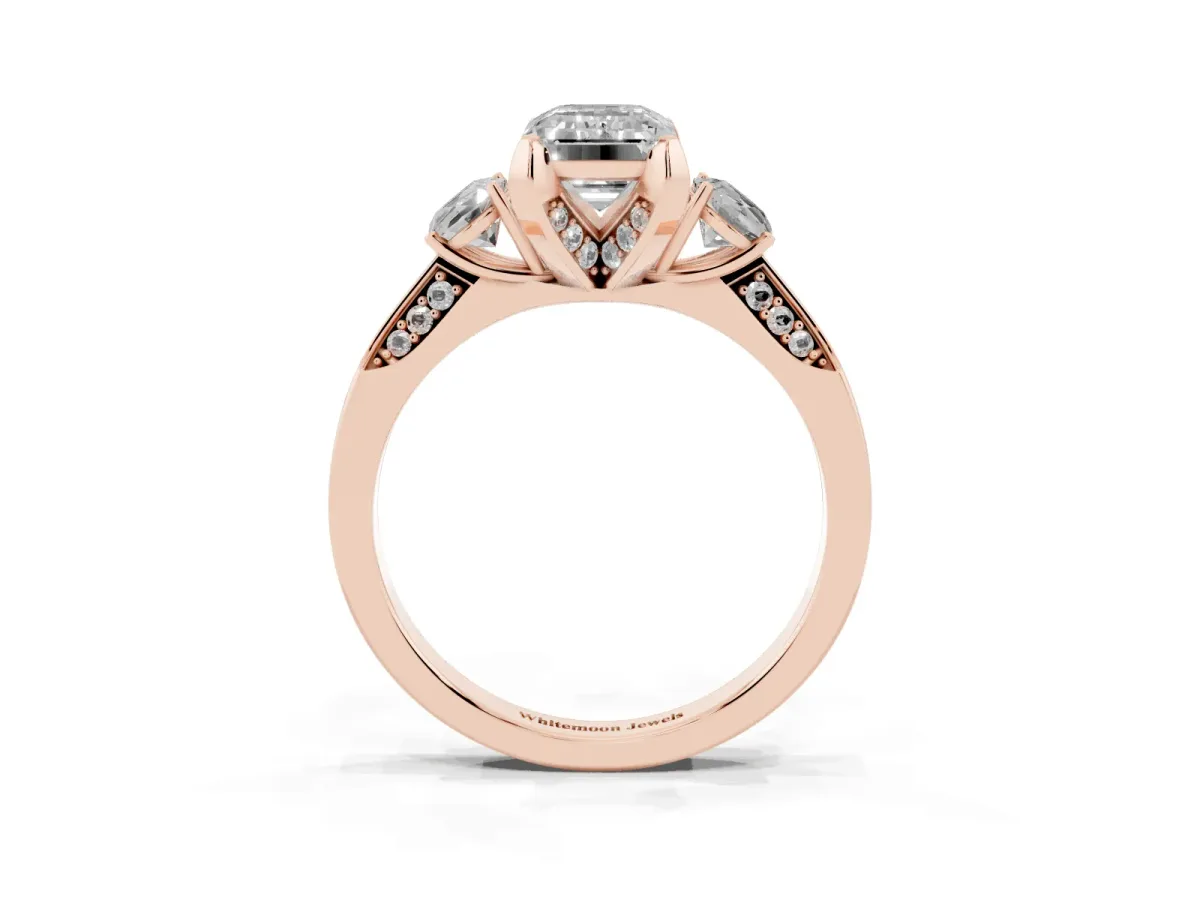 Fancy Green Emerald Cut Brilliant Three-Stone Diamond Ring with Pavé Band and Four-Prong Setting Rose gold