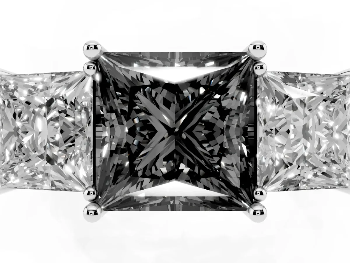Fancy Black Three-Stone Princess Cut Cut Diamond Engagement Ring with Prong Setting on a White Gold Band White gold