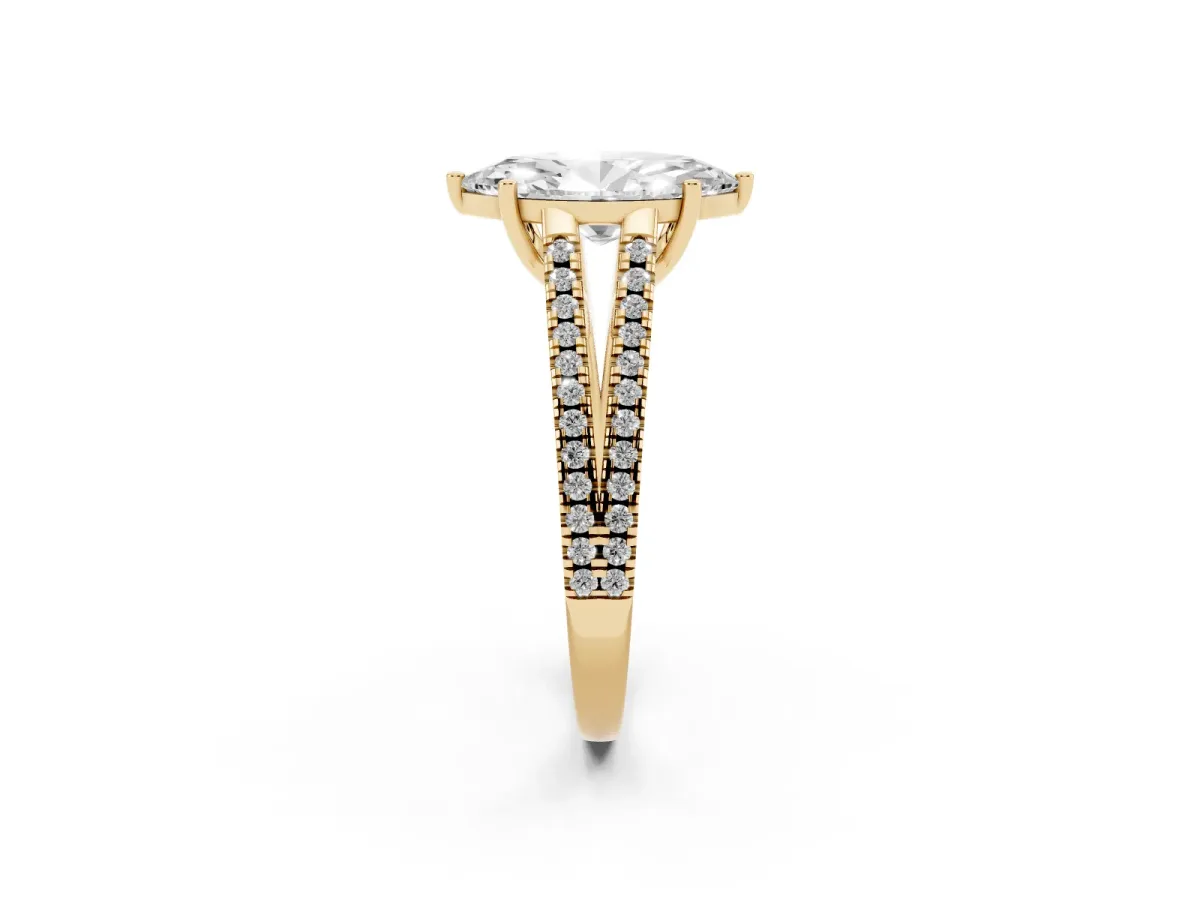 Marquise Cut Diamond Solitaire Engagement Ring with Split Shank Pavé Band Yellow gold