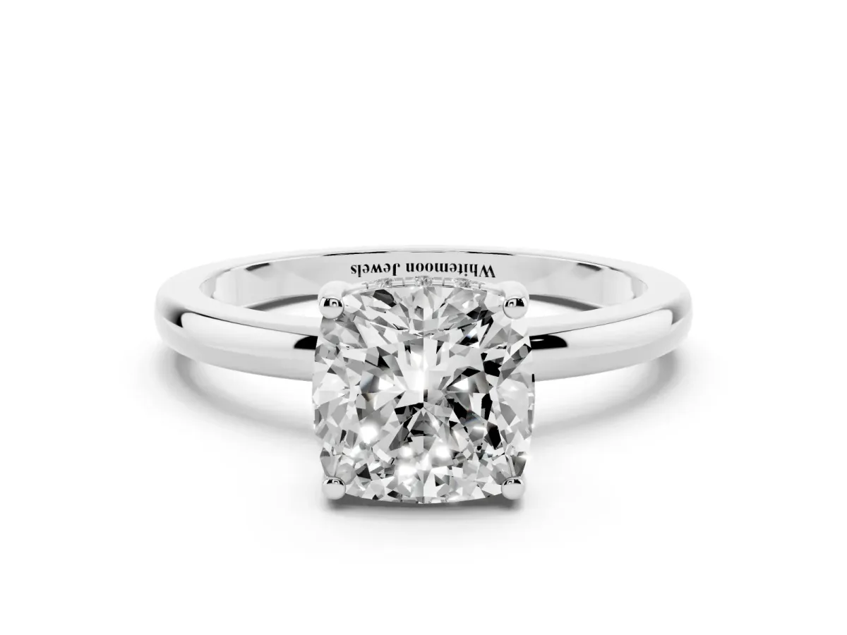 Cushion Cut Solitaire Diamond Ring with Prong Setting and Plain Band Silver