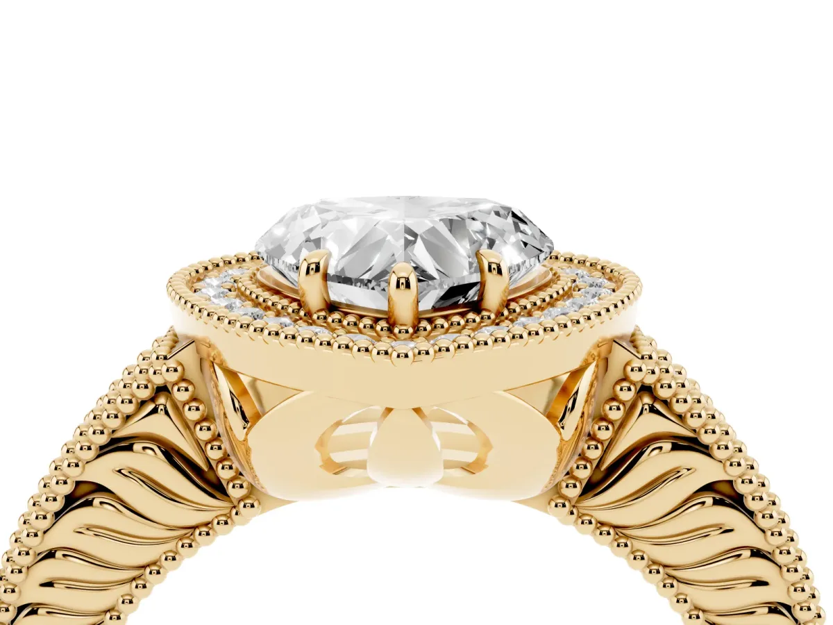 Heart Cut Cut Halo Diamond Ring with Pavé Band and Four-Prong Setting Yellow gold