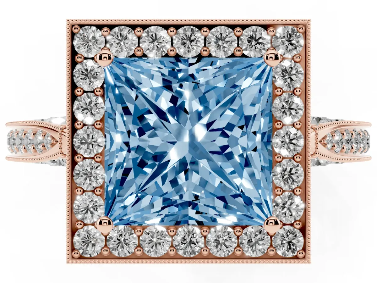 Fancy Blue Princess Cut Halo Diamond Engagement Ring with Split Shank Band and Four-Prong Setting Rose gold