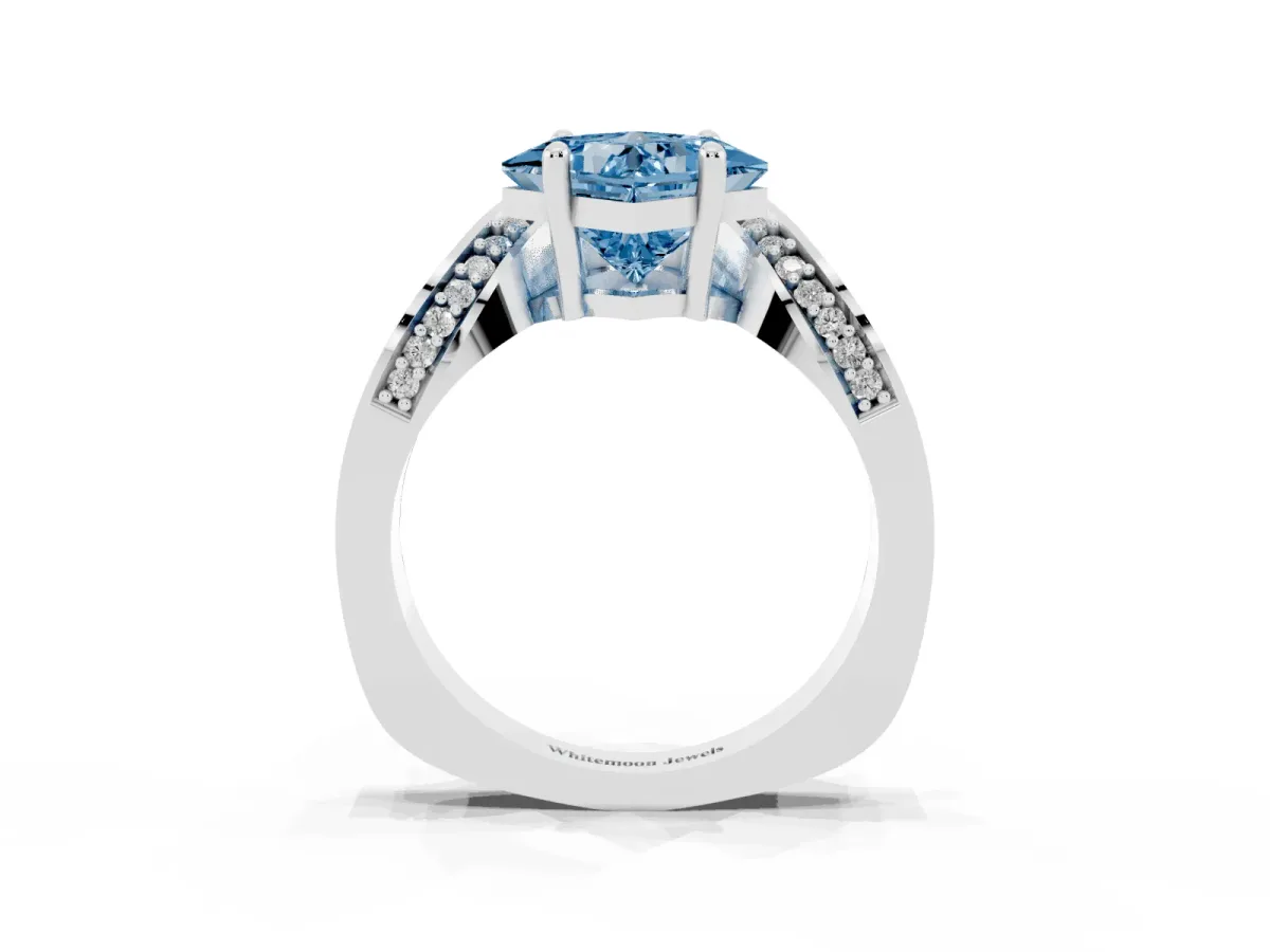 Fancy Blue Princess Cut Solitaire Diamond Engagement Ring with Pave Band and Four-Prong Setting Silver