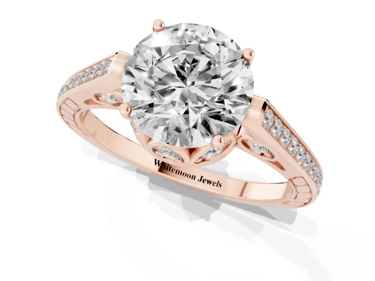 Round Cut Cut Cathedral Pave Diamond Engagement Ring with Six-Prong Setting Rose gold